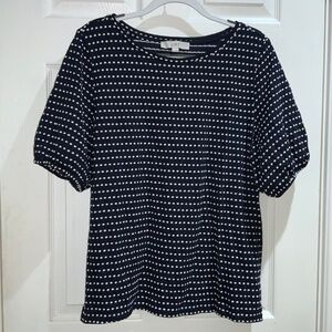 Loft blue white polka dot puffed sleeve top Sz XL scoop neckline